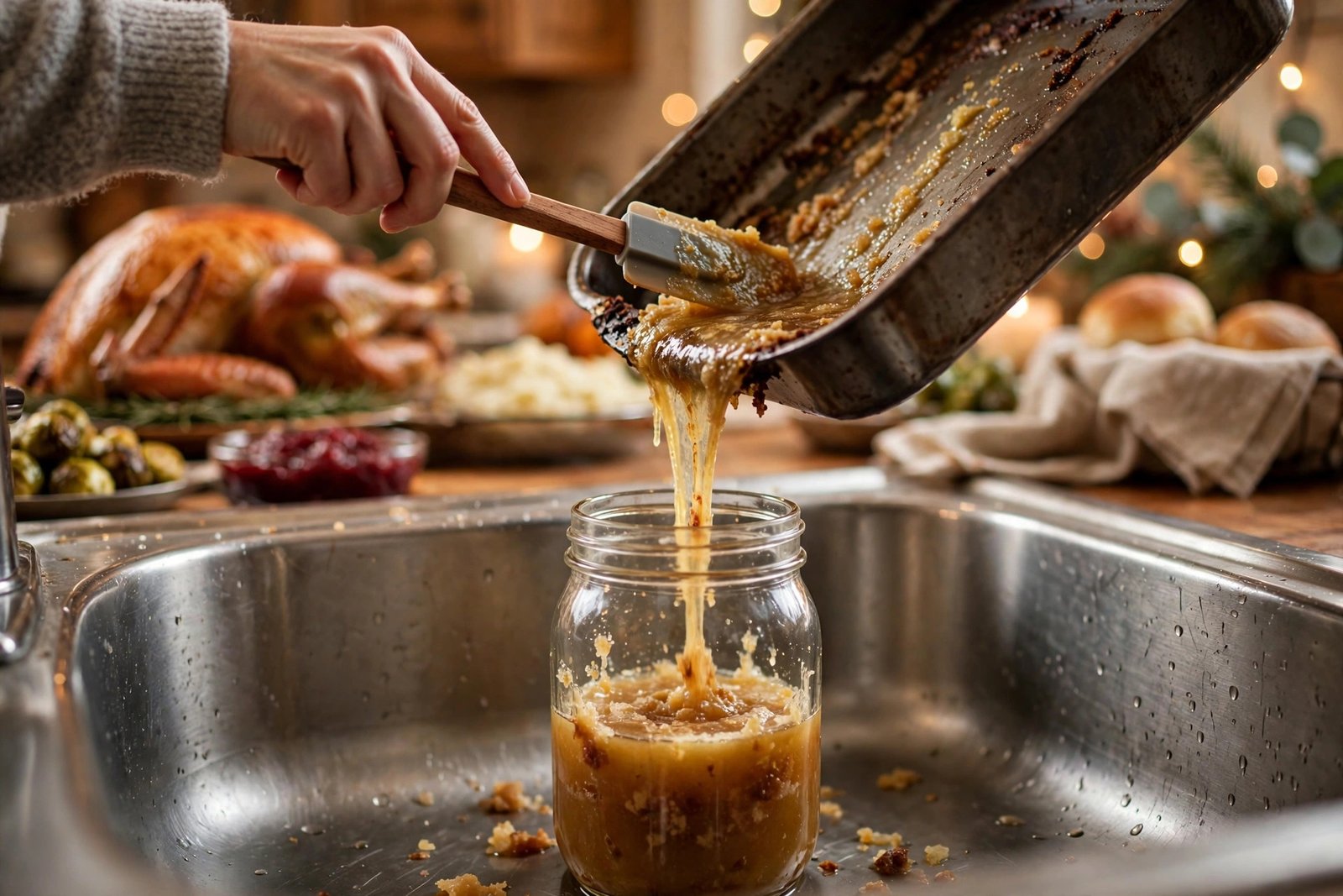 Pouring Thanksgiving turkey grease into a jar instead of the kitchen sink drain
